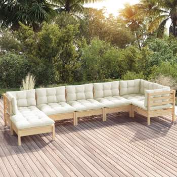  7-tlg. Garten-Lounge-Set mit Creme Kissen Massivholz Kiefer