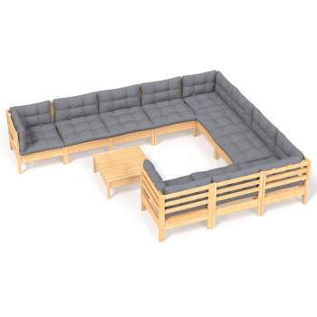 Preview:  11-tlg. Garten-Lounge-Set mit Grauen Kissen Kiefernholz