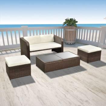  4-tlg. Garten-Lounge-Set mit Auflagen Poly Rattan Braun