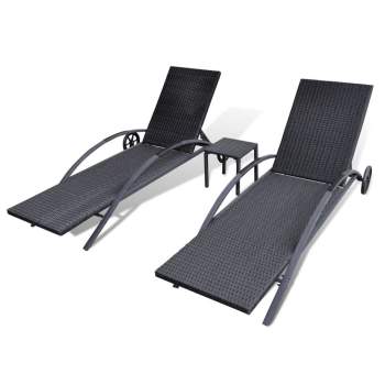  Sonnenliegen mit Tisch Poly Rattan Schwarz