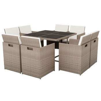  9-tlg. Garten-Essgruppe mit Auflagen Poly Rattan Beige