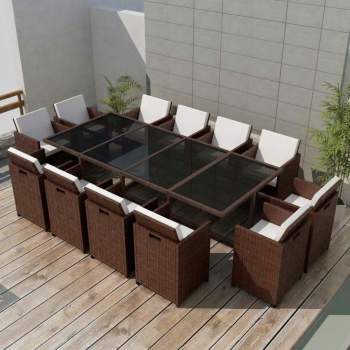  13-tlg. Garten-Essgruppe mit Auflagen Poly Rattan Braun