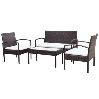  4-tlg. Garten-Lounge-Set mit Auflagen Poly Rattan Braun