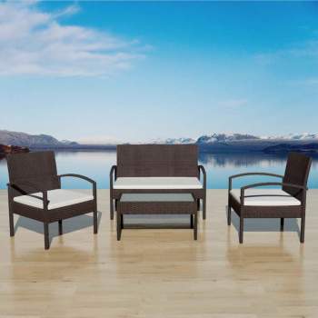  4-tlg. Garten-Lounge-Set mit Auflagen Poly Rattan Braun