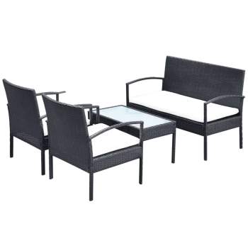  4-tlg. Garten-Lounge-Set mit Auflagen Poly Rattan Schwarz