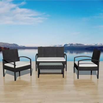  4-tlg. Garten-Lounge-Set mit Auflagen Poly Rattan Schwarz