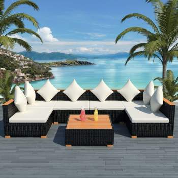  7-tlg. Garten-Lounge-Set mit Auflagen Poly Rattan Schwarz