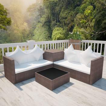  4-tlg. Garten-Lounge-Set mit Auflagen Poly Rattan Braun