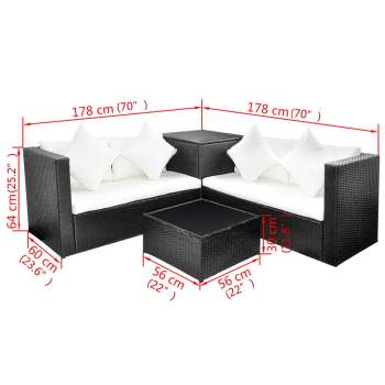  4-tlg. Garten-Lounge-Set mit Auflagen Poly Rattan Schwarz