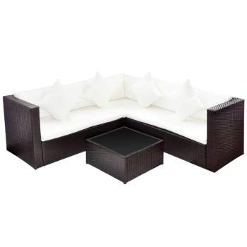  4-tlg. Garten-Lounge-Set mit Kissen Poly-Rattan Braun