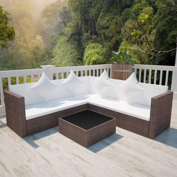  4-tlg. Garten-Lounge-Set mit Kissen Poly-Rattan Braun