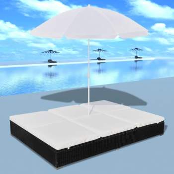  Outdoor-Loungebett mit Sonnenschirm Poly Rattan Schwarz
