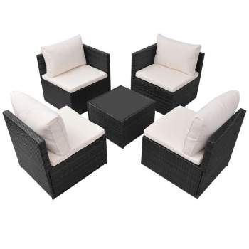 Preview:  5-tlg. Garten-Lounge-Set mit Auflagen Poly Rattan Schwarz