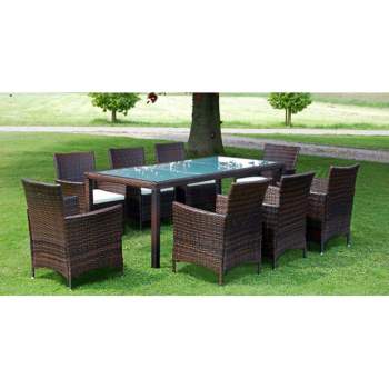  9-tlg. Garten-Essgruppe mit Auflagen Poly Rattan Braun