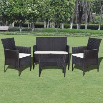  4-tlg. Garten-Lounge-Set mit Auflagen Poly Rattan Schwarz