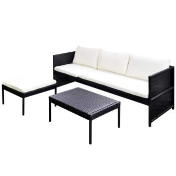  3-tlg. Garten-Lounge-Set mit Kissen Poly-Rattan Schwarz