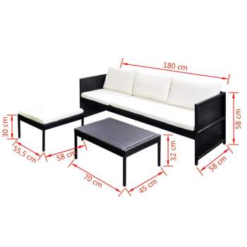  3-tlg. Garten-Lounge-Set mit Kissen Poly-Rattan Schwarz