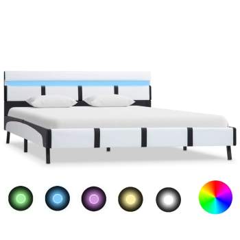  Bettgestell mit LED Weiß Kunstleder 140x200 cm
