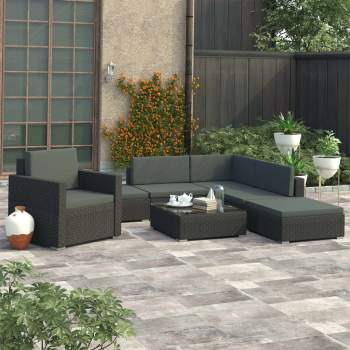  6-tlg. Garten-Lounge-Set mit Auflagen Poly Rattan Schwarz