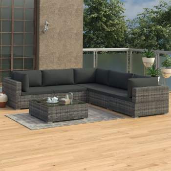  6-tlg. Garten-Lounge-Set mit Auflagen Poly Rattan Grau