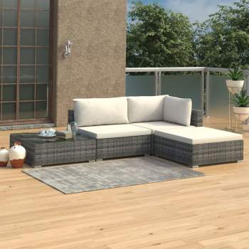  4-tlg. Garten-Lounge-Set mit Auflagen Poly Rattan Grau