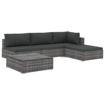  5-tlg. Garten-Lounge-Set mit Auflagen Poly Rattan Grau