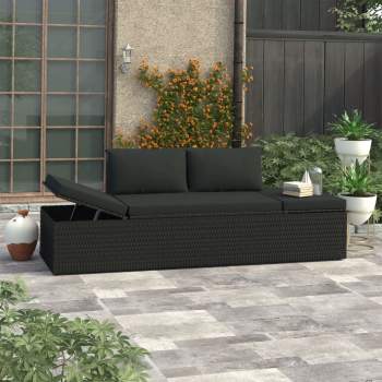  Sonnenliege mit Auflage Poly Rattan Schwarz