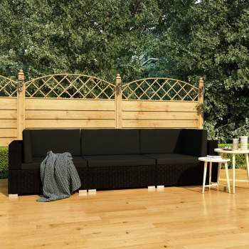  3-tlg. Garten-Sofagarnitur mit Auflagen Poly Rattan Schwarz