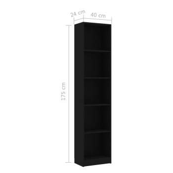  Bücherregal 5 Fächer Schwarz 40x24x175 cm Holzwerkstoff