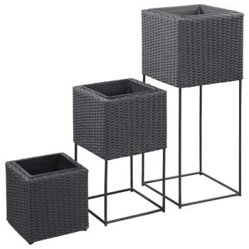  Pflanzkübel 3 Stk. Poly Rattan Schwarz