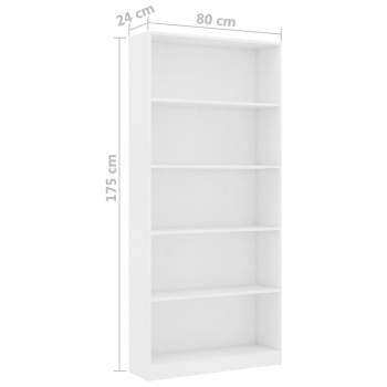  Bücherregal 5 Fächer Weiß 80x24x175 cm Holzwerkstoff