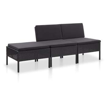  3-tlg. Garten-Lounge-Set mit Auflagen Poly Rattan Schwarz