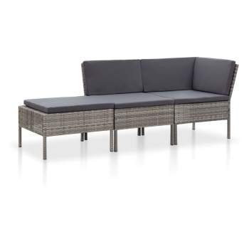  3-tlg. Garten-Lounge-Set mit Auflagen Poly Rattan Grau