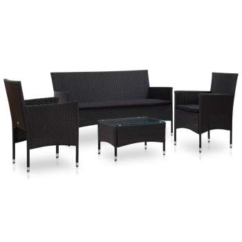  4-tlg. Garten-Lounge-Set mit Auflagen Poly Rattan Schwarz