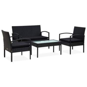  4-tlg. Garten-Lounge-Set mit Auflagen Poly Rattan Schwarz