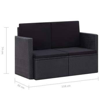  2-Sitzer-Gartensofa mit Auflagen Schwarz Poly Rattan