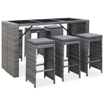  7-tlg. Gartenbar-Set mit Auflagen Poly Rattan Grau