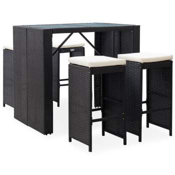  5-tlg. Garten-Bar-Set Poly Rattan und Glas Schwarz