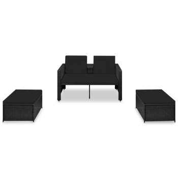 3-tlg. Garten-Lounge-Set mit Auflagen Poly Rattan Schwarz