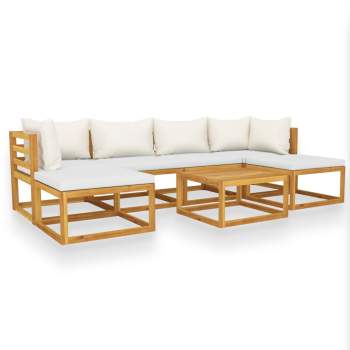  7-tlg. Garten-Lounge-Set mit Auflagen Creme Massivholz Akazie