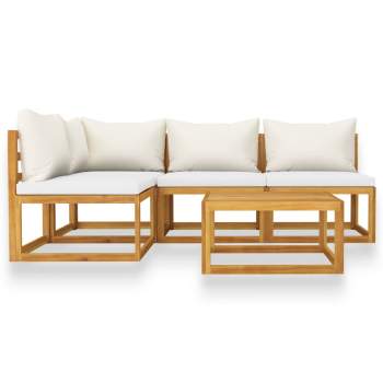  5-tlg. Garten-Lounge-Set mit Auflagen Creme Massivholz Akazie