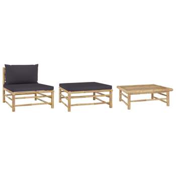  3-tlg. Garten-Lounge-Set mit Dunkelgrauen Kissen Bambus