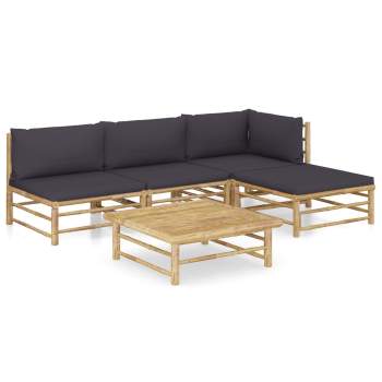  5-tlg. Garten-Lounge-Set mit Dunkelgrauen Kissen Bambus