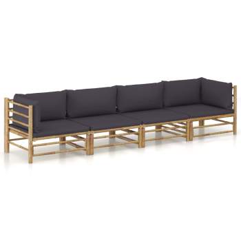  4-tlg. Garten-Lounge-Set mit Dunkelgrauen Kissen Bambus