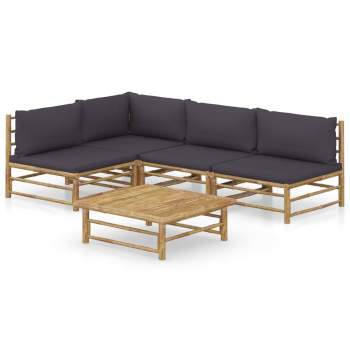  5-tlg. Garten-Lounge-Set mit Dunkelgrauen Kissen Bambus