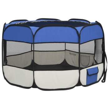  Faltbarer Welpenlaufstall mit Tragetasche Blau 110x110x58 cm