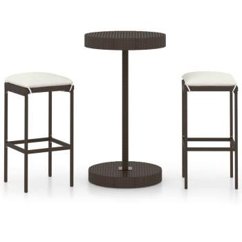  3-tlg. Gartenbar-Set mit Kissen Poly Rattan Braun