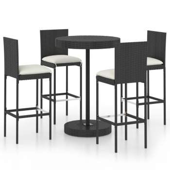  5-tlg. Gartenbar-Set mit Kissen Poly Rattan Schwarz