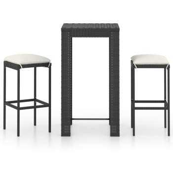  3-tlg. Gartenbar-Set mit Kissen Poly Rattan Schwarz