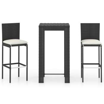  3-tlg. Gartenbar-Set mit Kissen Poly Rattan Schwarz